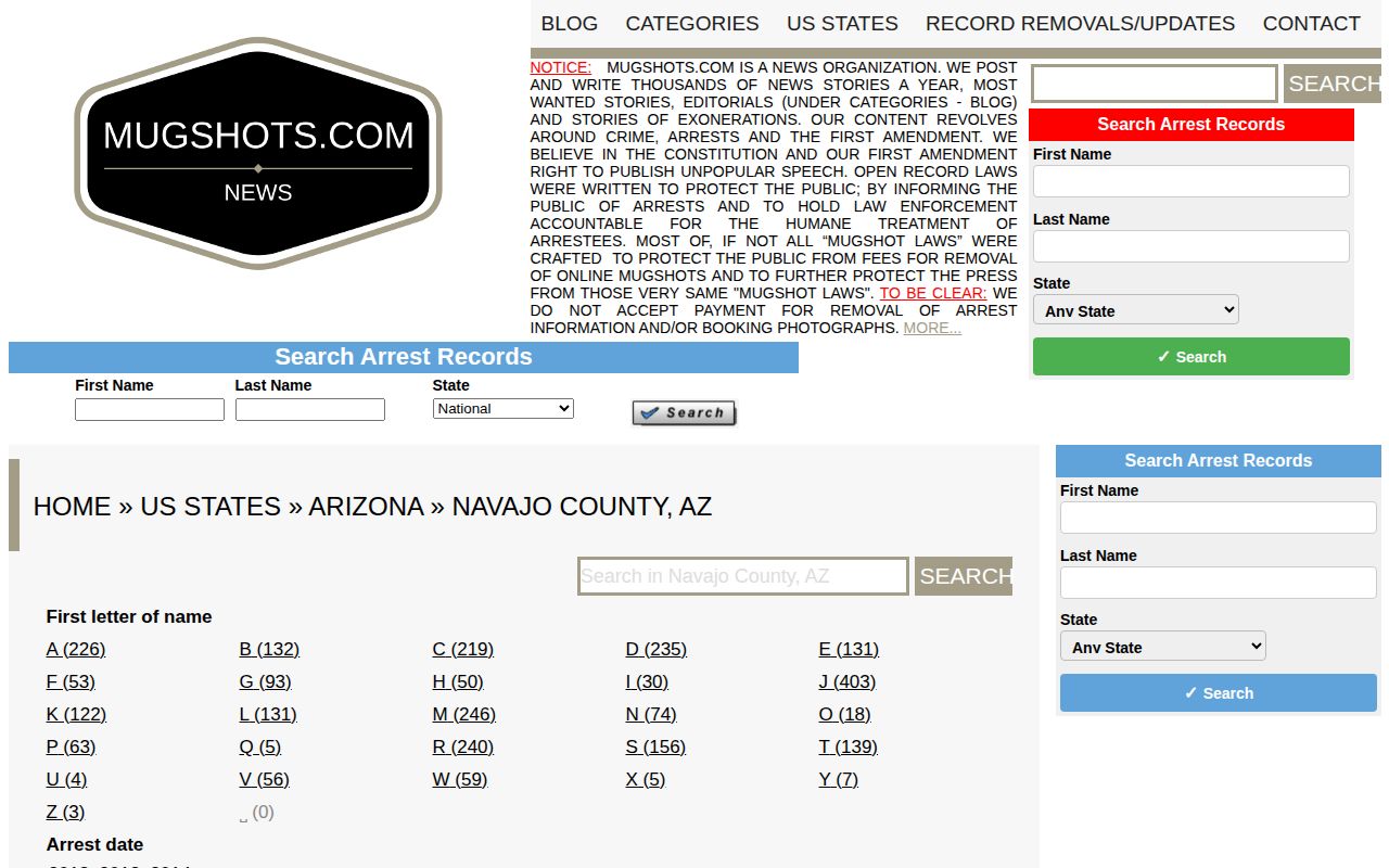 Unofficial historical Navajo County mugshot archive with stale record limits
