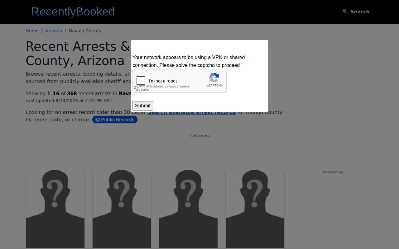 Unofficial Navajo County booking index without county mugshot images