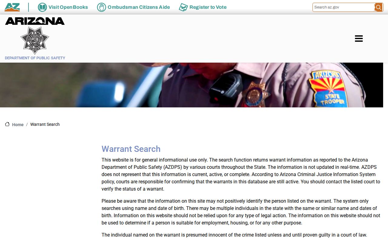 Navajo County warrant check on the official Arizona DPS search form