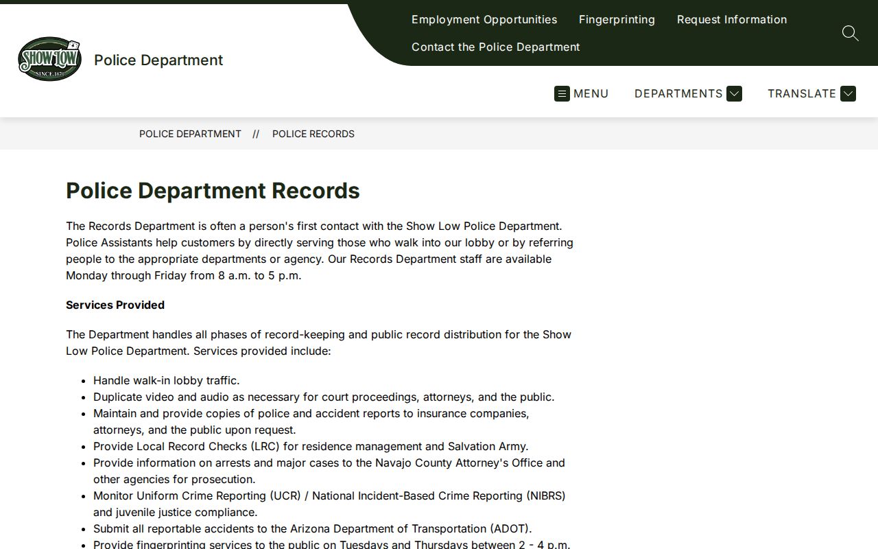Show Low Police arrest records request page for Navajo County